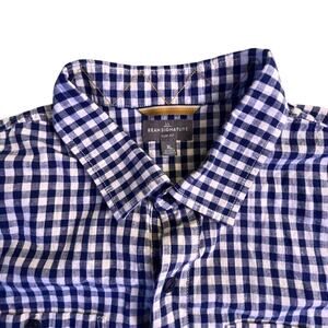 Bean Signature Shirt Mens XL Blue Check Button Up Long Sleeve Pockets Slim Fit